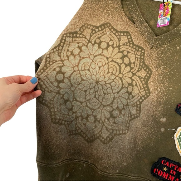 Vintage Y2K Army Sweatshirt Womens Size Medium Handmade Military Green Pullover - Picture 4 of 14